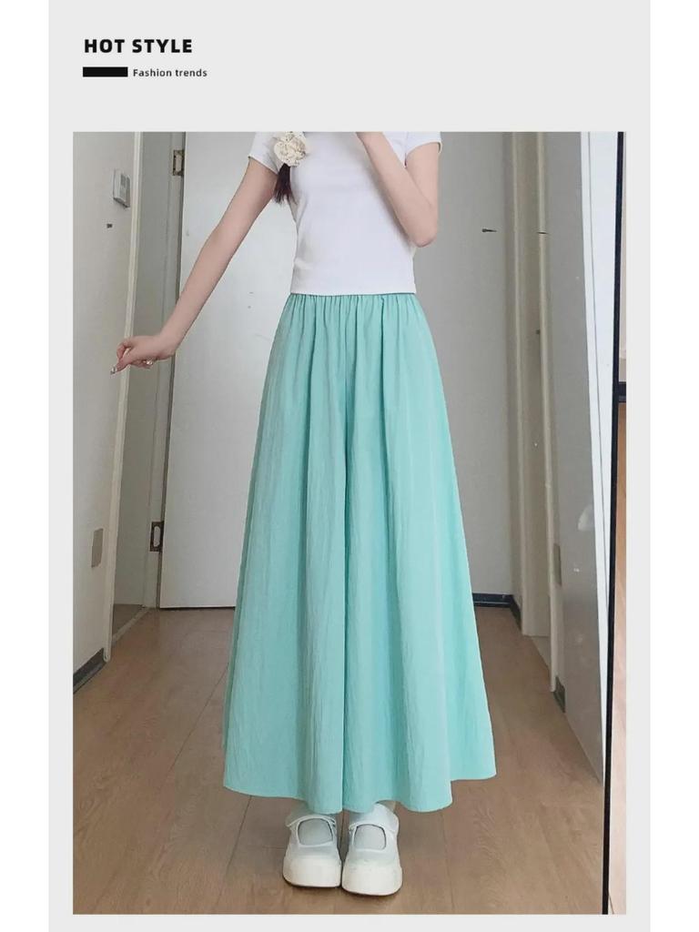 2025 Summer Women's Blue A-Line Pleated Midi Skort with High Waist and Wide-Leg Design