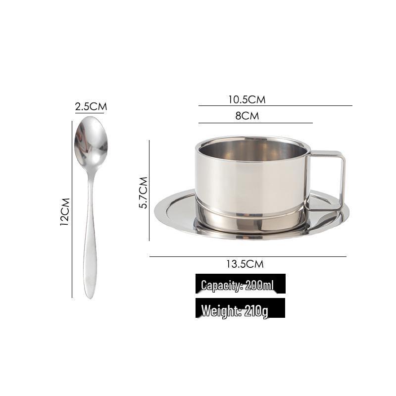 304 Stainless Steel Coffee Set: Double-Wall Insulated European-Style Cup, Saucer, Spoon, Anti-Scald, Custom Logo Option