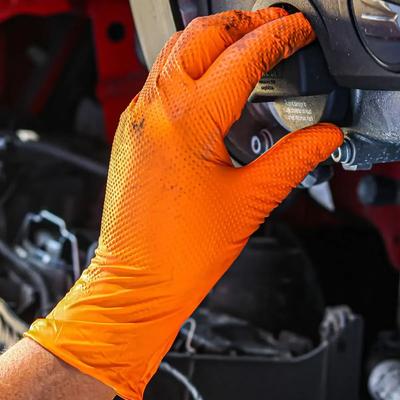Guantes de nitrilo naranja de alta resistencia, guantes industriales desechables con agarre texturizado de diamante para seguridad mecánica y guantes de trabajo.