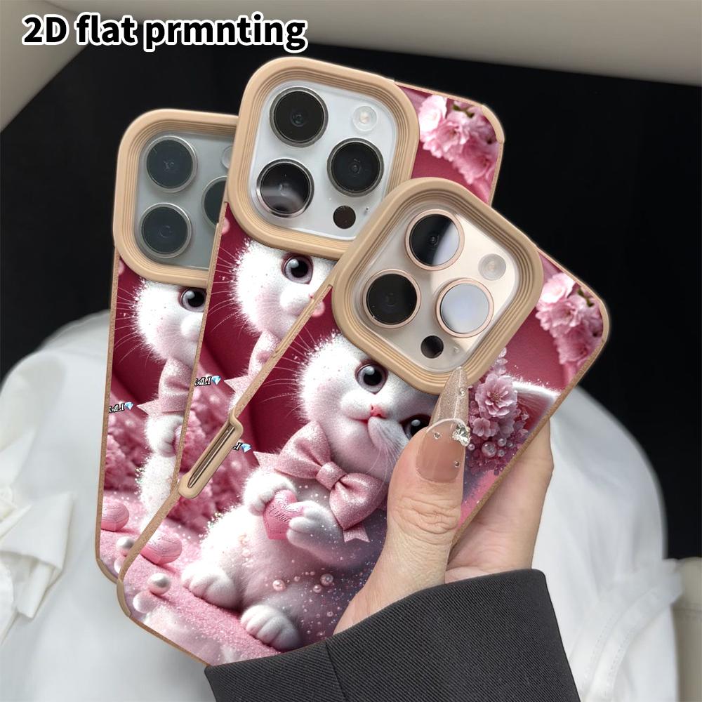 Phone Case: 2D Flat Lambskin Suitable for iPhone 18 17 16 15 14 13 Pro Protective Case, Cherry Blossom White Cat, Christmas and Halloween Gifts