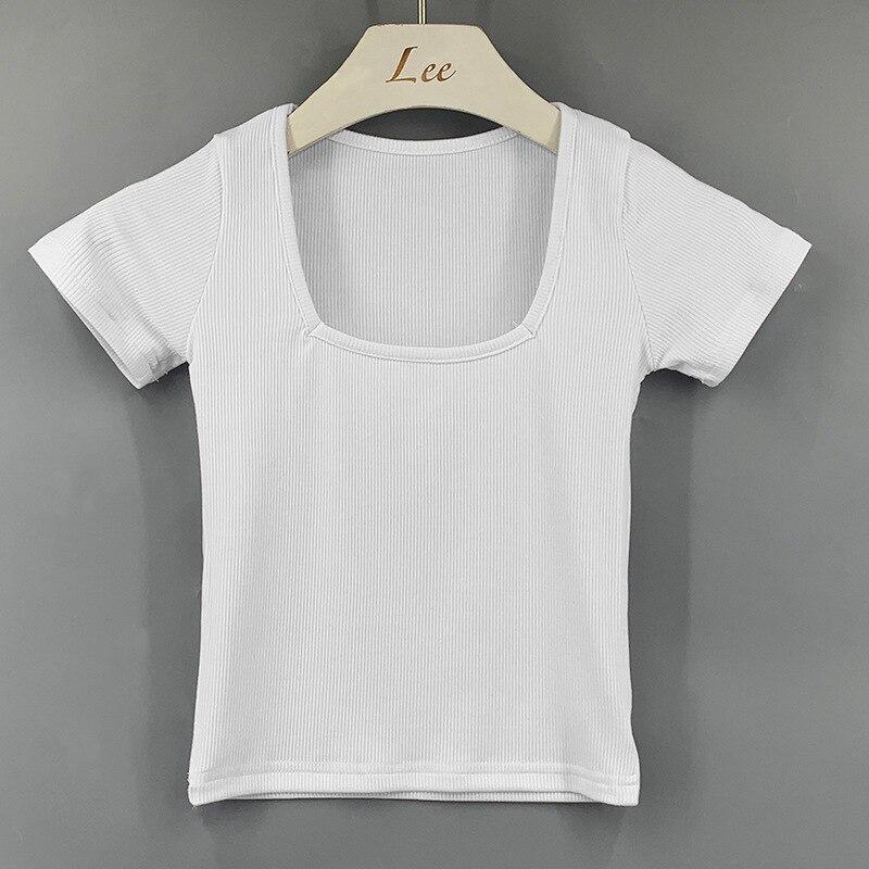 Casual Cotton Slim T-Shirt Women Short Sleeve Tee Shirt Sexy Crop Tops 2022 Summer Square Collar White Tshirt Blusas Mujer 20505