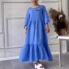 2024 EU & US Style Women's Round Neck Gathered Long Sleeve Drawstring Back Tie Solid Casual Dress