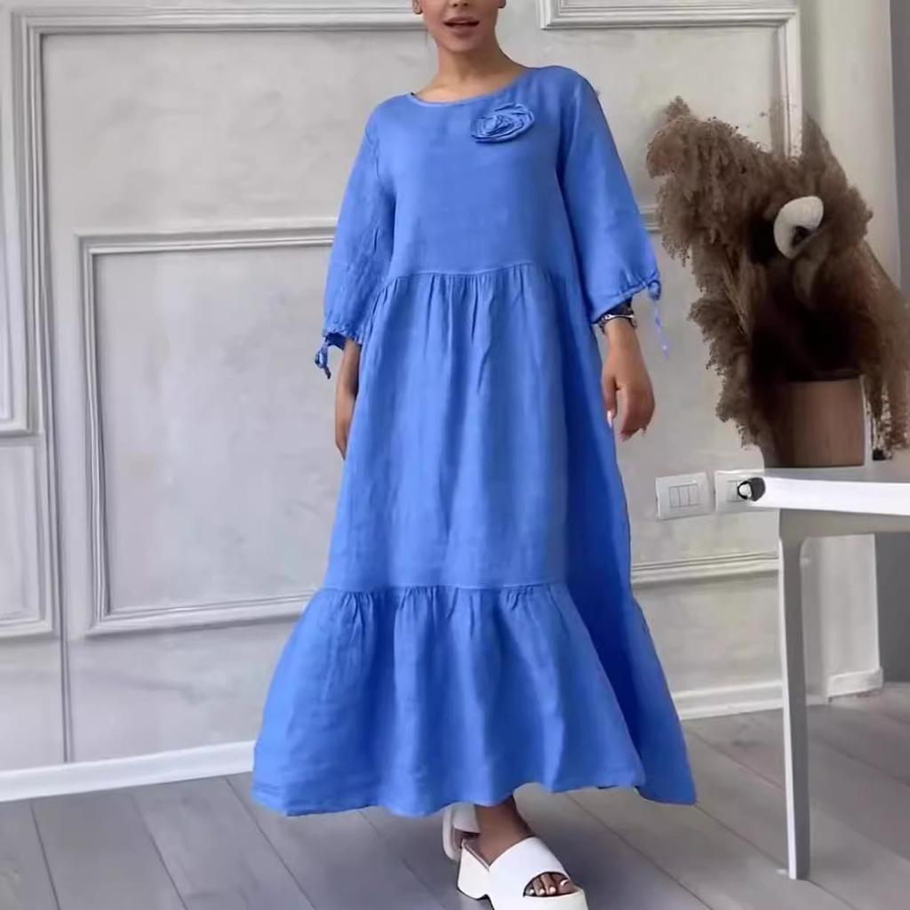 2024 EU & US Style Women's Round Neck Gathered Long Sleeve Drawstring Back Tie Solid Casual Dress