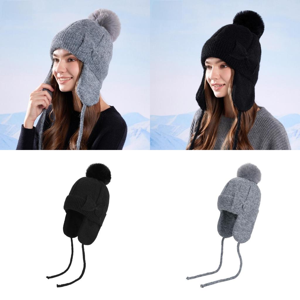 Women Knitted Warm Winter Hat With Bow For Outdoor Sports And Commuting