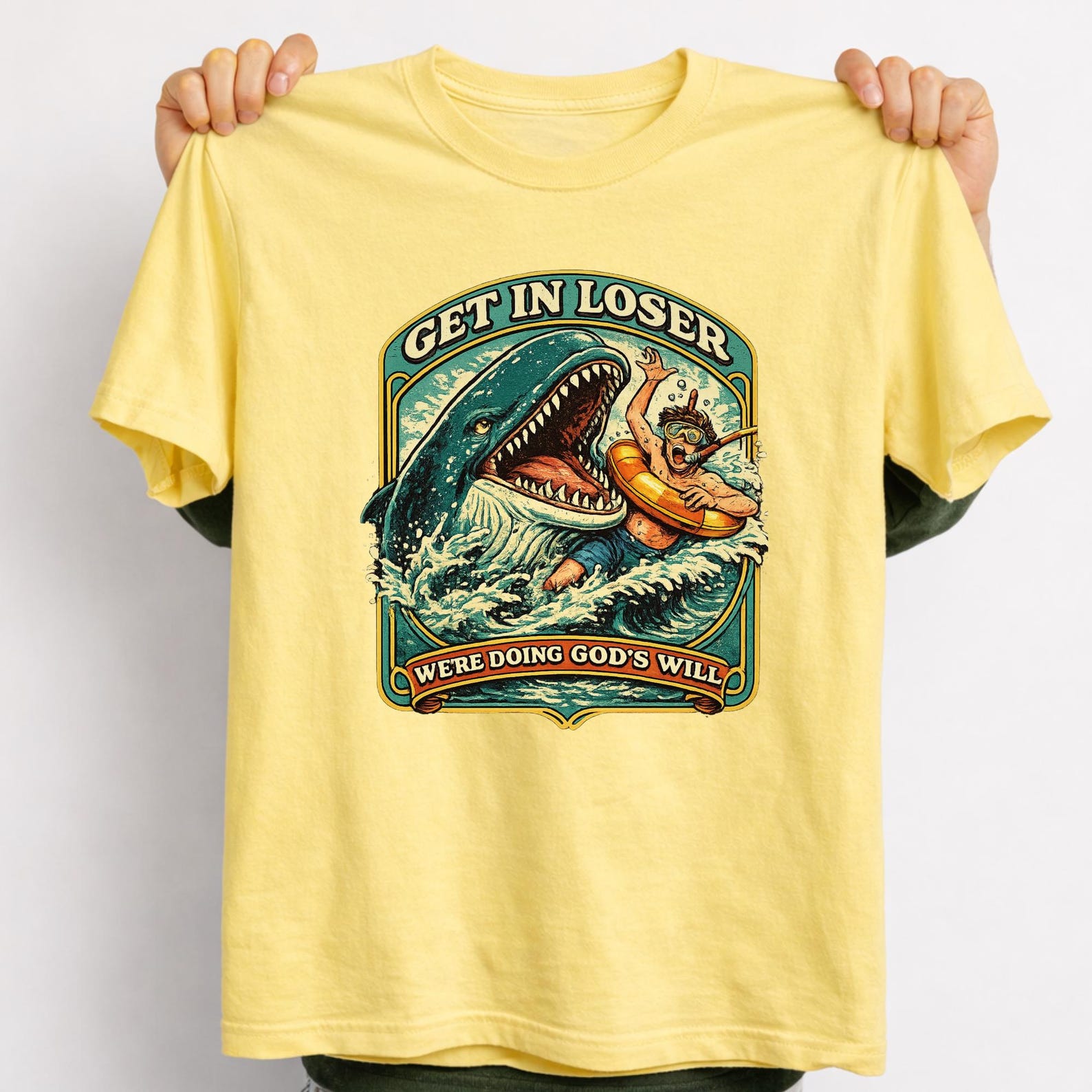 Vintage Whale Christian Humor T-Shirt, Get In Loser Graphic Tee L