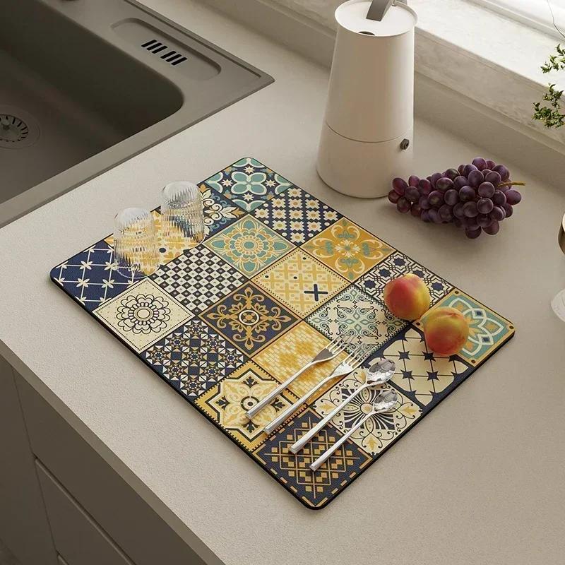 Quick Drying Dish Mat Printed Kitchen Tableware Coffee Draining Pad Dinnerware Cup Bottle Placemat Super Absorbent CoffeeMats