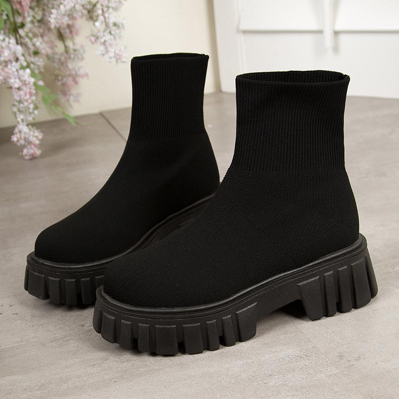 Fashion Fashion Black Slip On Platform Boots for Women Thick Sole Knitting Ankle Boots Woman Spring Autumn Comfort Non Slip Sock Booties