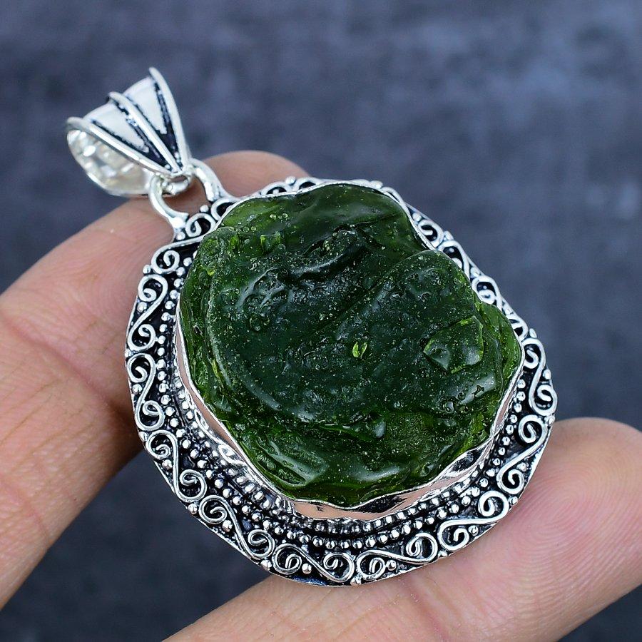 Pierre Précieuse Quartz Moldavite Argent Sterling 925 Pendentif Bijou 2,17"