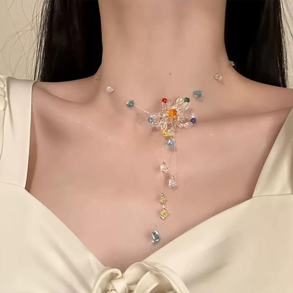 Contrasting Color Collarbone Chain High-end Women's Necklace Elegant Beaded Flower Necklace  Women