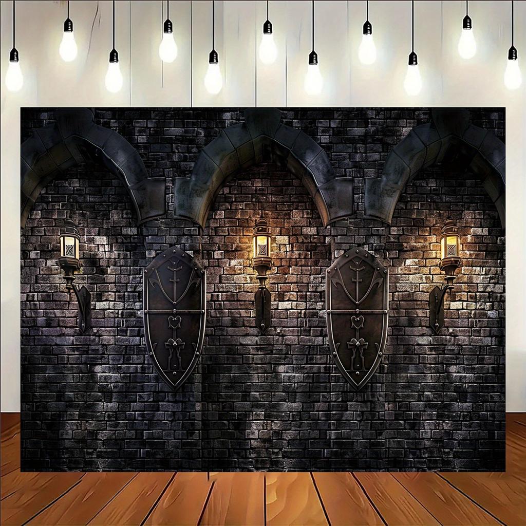 A Gothic castle background, ancient brick and stone walls of a medieval castle, decorated with universal party banners