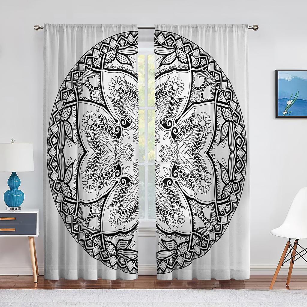 Schwarz-Weißes Boho Mandala Muster Tüllvorhänge für Wohnzimmer Schlafzimmer Dekor Transparent Chiffon Sheer Voile Fenstergardine