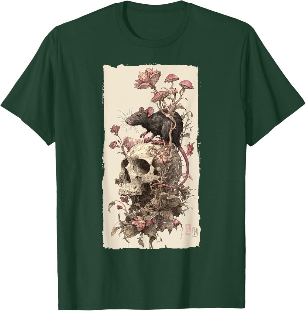 Gothic Rat Skull Mushroom Print Mens Casual Cotton Graphic Tee Soft Breathable TShirt