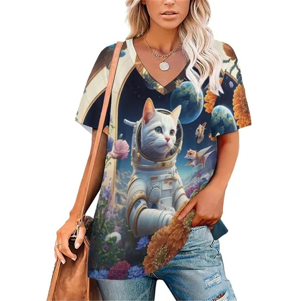 

Сексуальный принт с изображением кошек и цветов, V-образный вырез, винтажная футболка, подростковые футболки, одежда унисекс, винтажная уличная одежда, повседневный стиль, модная уличная одежда, топы 2000 года 2XL