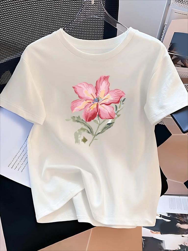 Unisexs Floral Print Tshirt White With  Flowers Everyday Ladies Tshirt Casual Wear Vacation Wear Versatile