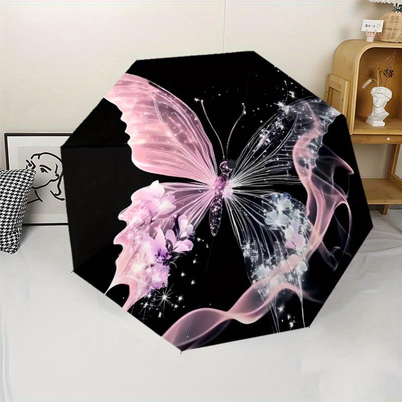 

Colorful Butterflies 3 Folding Umbrella - Windproof 8-Rib Automatic Open/Close, Pink & Purple Butterfly Design with Black Star