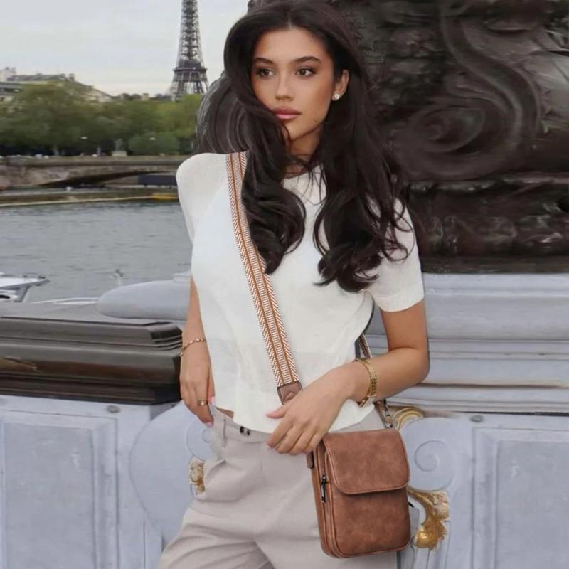 Bolso Bandolera de Cuero Vintage para Mujer Bolso para Teléfono para Mujer Correa Ancha Ajustable Bolso de Mano Compartimentos Múltiples con Cremallera Cartera