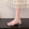 Fashion Block Heel Sandals Women's New Summer Square Toe Bow Slender Strap with Skirt One Slip Anti-Slip Wear-Resistant High Heels