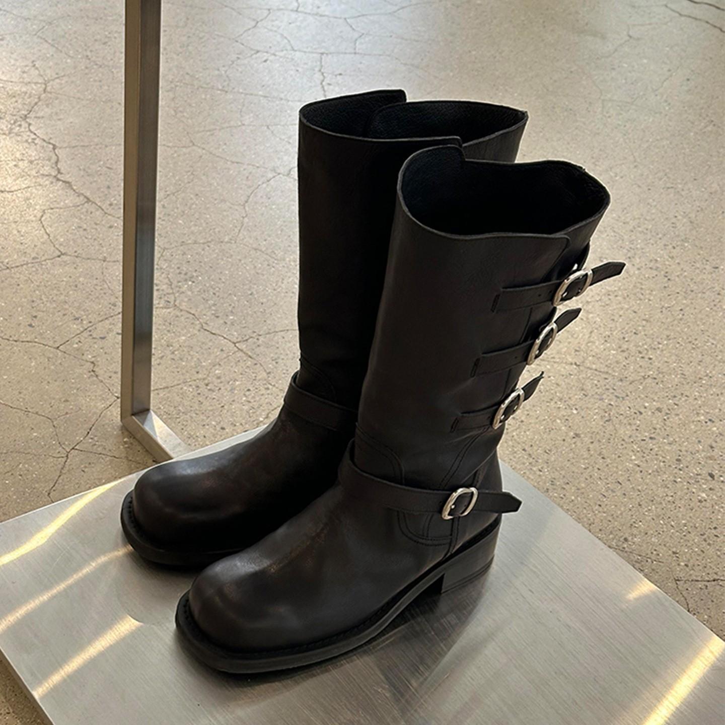 

Cowhide version~ retro belt buckle design locomotive boots women s thick heel leather Martin boots outer wear temperament knight boots 40 чёрный