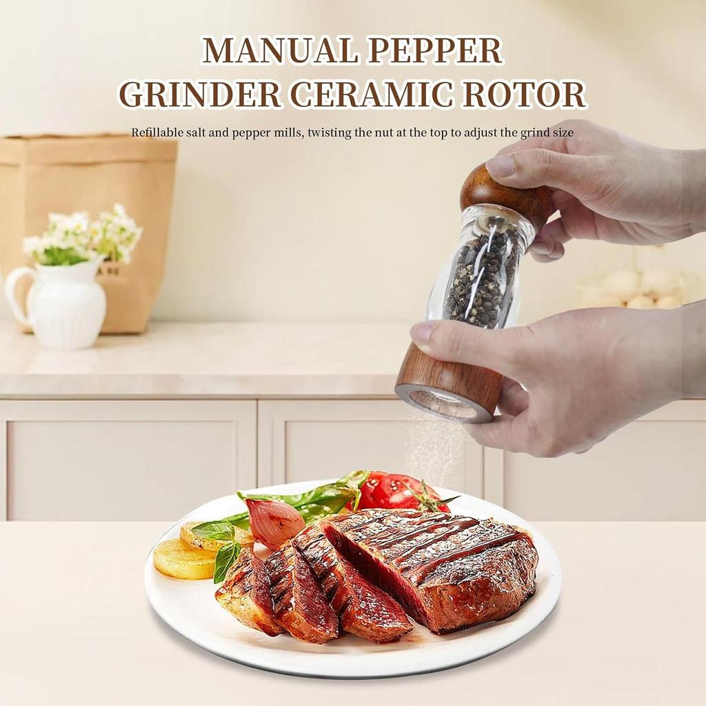 2 Pack Salt and Pepper Grinder Set, 6.7" Acrylic Salt and Pepper Mill Set with Adjustable Coarseness, Wooden Pepper Grinders Manual Slat Shakers