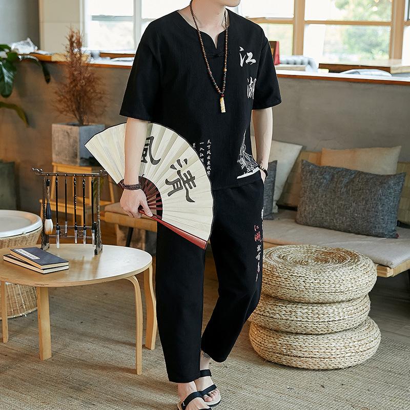 

Льняной костюм в китайском стиле, мужская футболка в стиле ретро с короткими рукавами, хлопковый и льняной костюм в стиле Тан, летний костюм больших размеров 2XL чёрный