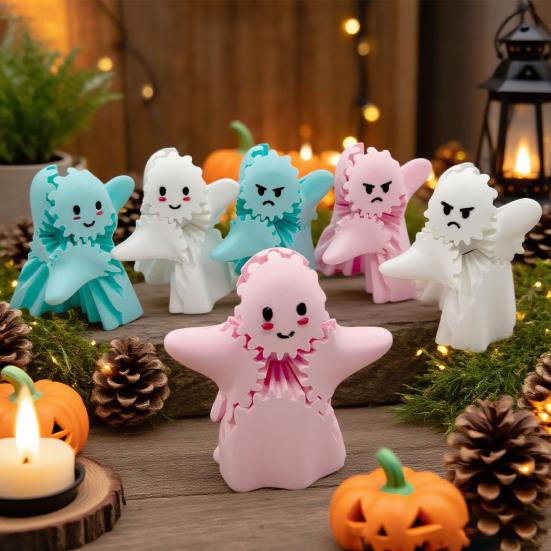 3D Printed Ghost Gear Cube Stress Anxiety Relief Halloween Cartoon Ghost Figurine Statue Fidget Toy Desktop Decoration Ornament