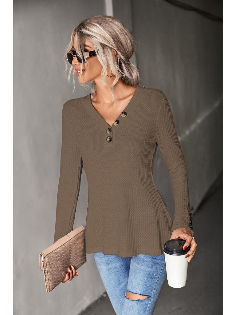 2024 Sonbahar Kadın Düz Renk Waffle Düğmeli Üst - Avrupa & Amerikan Stili