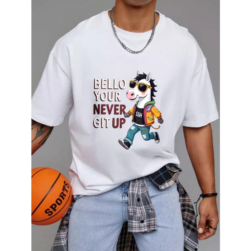 

Белая футболка с мультяшной лошадью и текстом Bello Your Never Git Up графический принт для повседневной носки S белый