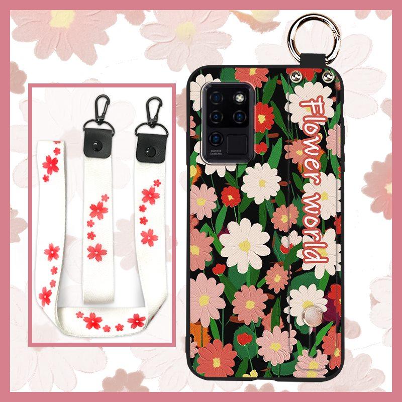 Waterproof Durable Phone Case For Oukitel C21 Wristband Wrist Strap Shockproof Silicone Kickstand Protective Ring Flower