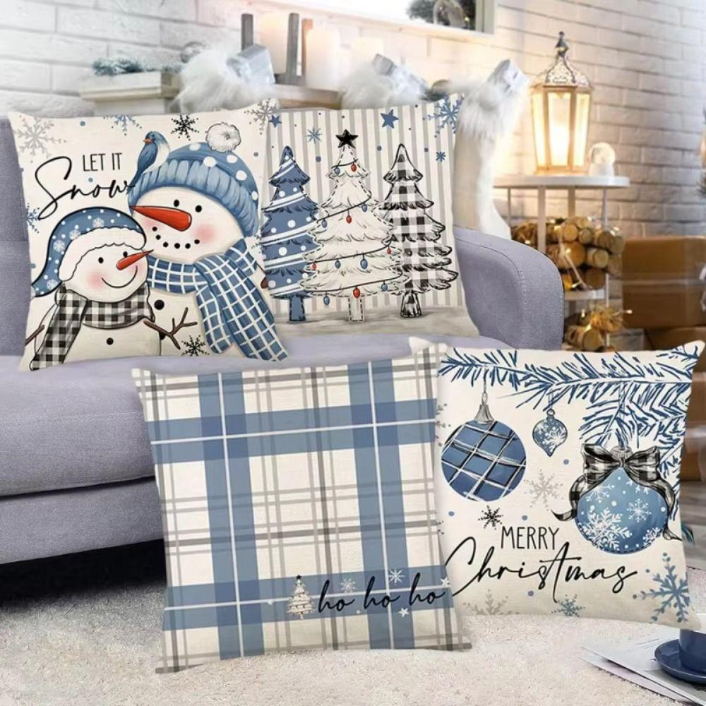 2Pcs Luxury Christmas Blue Cushion Cover Soft Snowman Pillow Shell Pillow