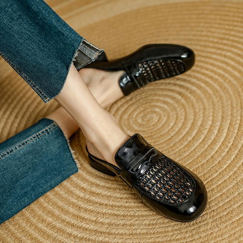 Fashion NEW Summer Women Mules Genuine Leather Shoes for Women Round Toe Low Heel Shoes Cover Toe Slingback Sandals Fabric Weave Shoes