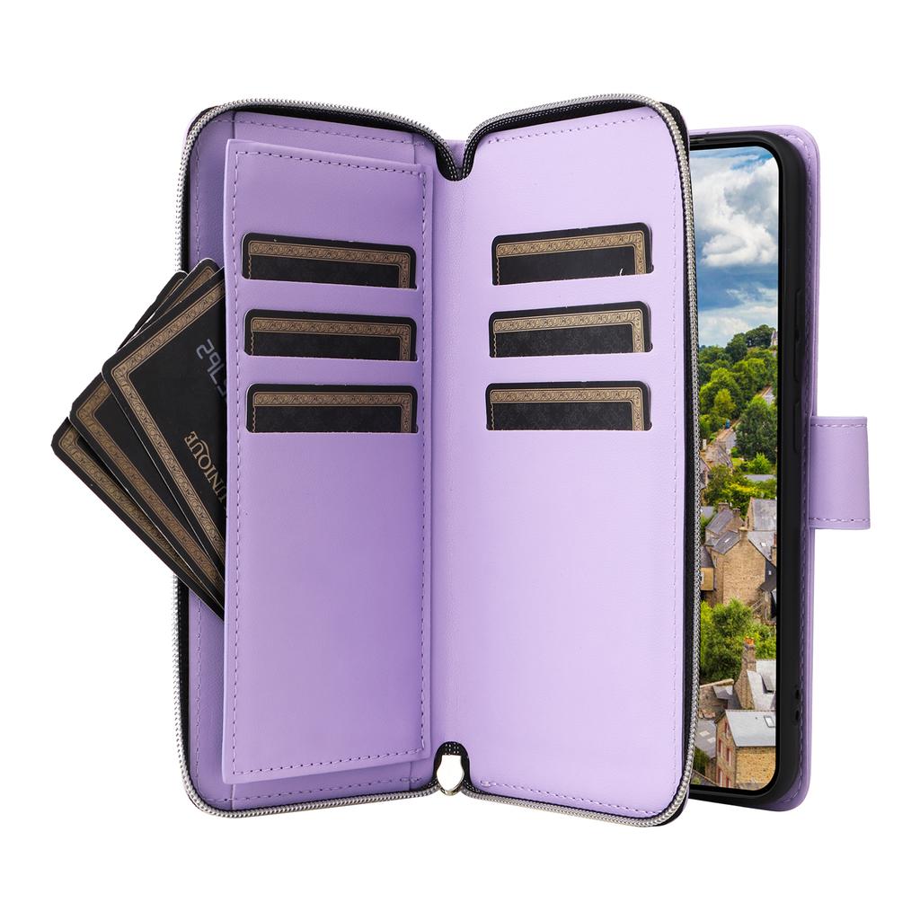 R20 Für Samsung Galaxy S22 5G Hülle PU Leder Reißverschluss Handyhülle mit Tragebändern