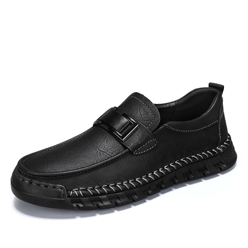 Men s Large Size Hand-Stitched Casual Leather Loafers - Soft Sole, Wide Toe, Slip-on. 43 чёрный