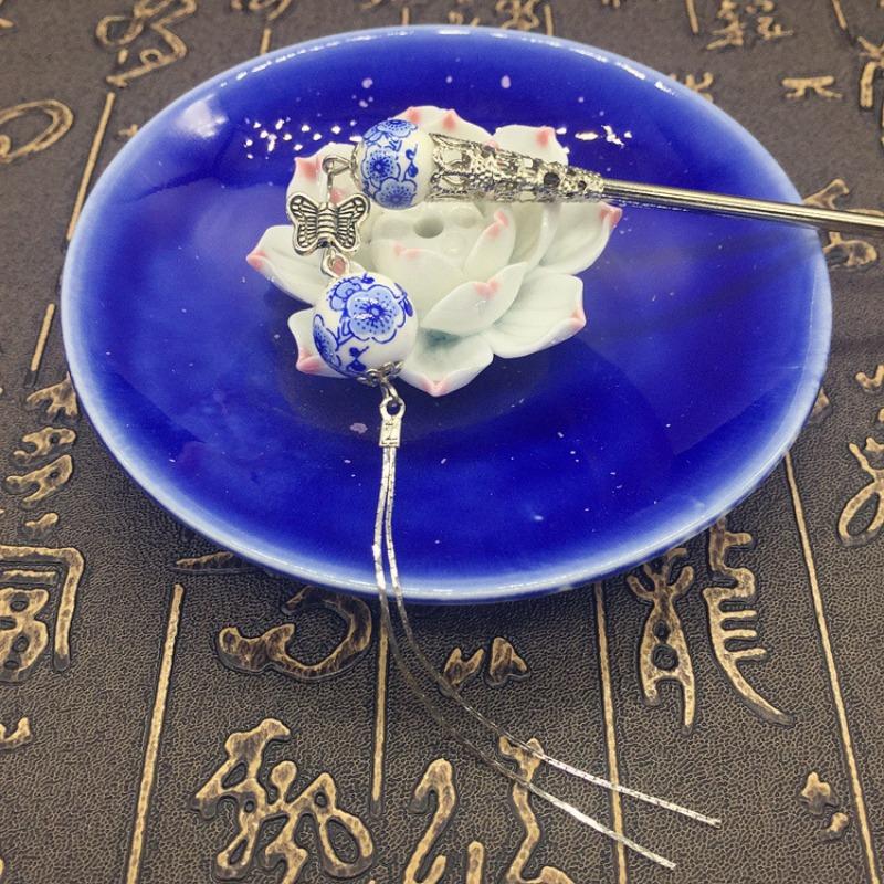 Blue and White Ceramic Fringed Hairpin Niche Design Step Hairpin Hairpin Women's Literary and Antique Earrings