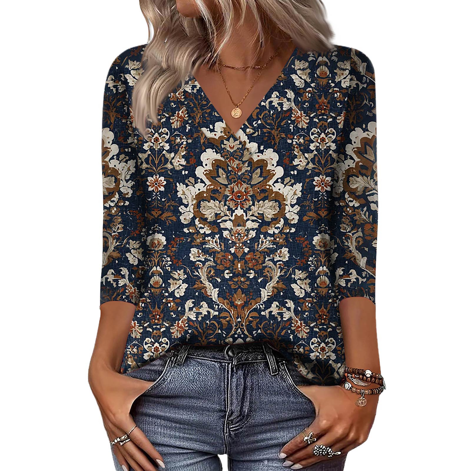 

Женские рубашки с рукавом 3/4, топы с принтом и V-образным вырезом, повседневные топы, базовые футболки, блузки, свободные топы M тёмно-синий