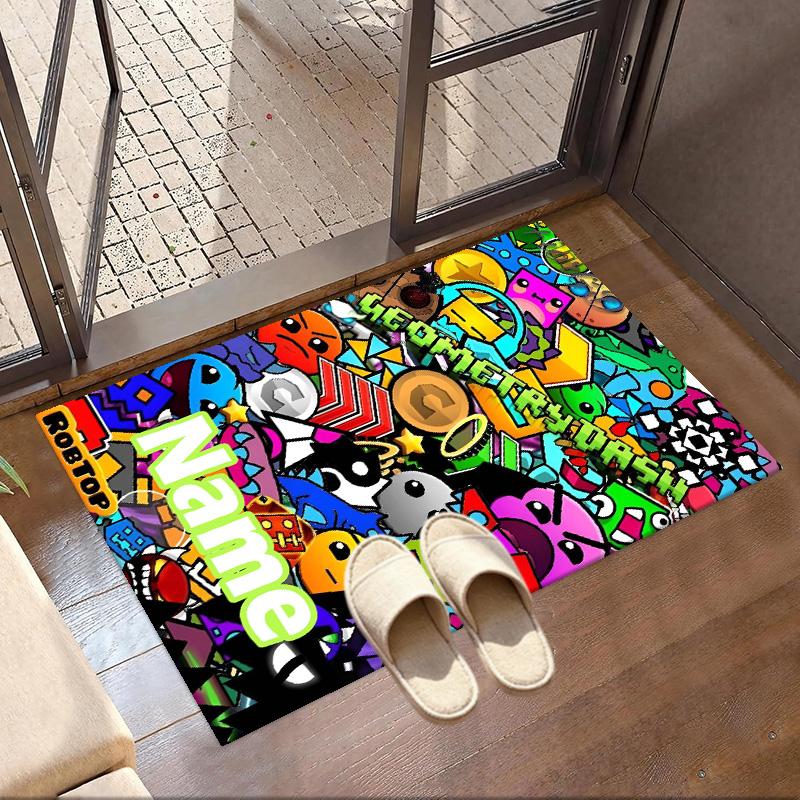 Custom Name Personalized Geometry Dash Print Carpet, Versatile Home Decor Rug, for Playroom, Apartment, Balcony, Entryway, Hallway Gift