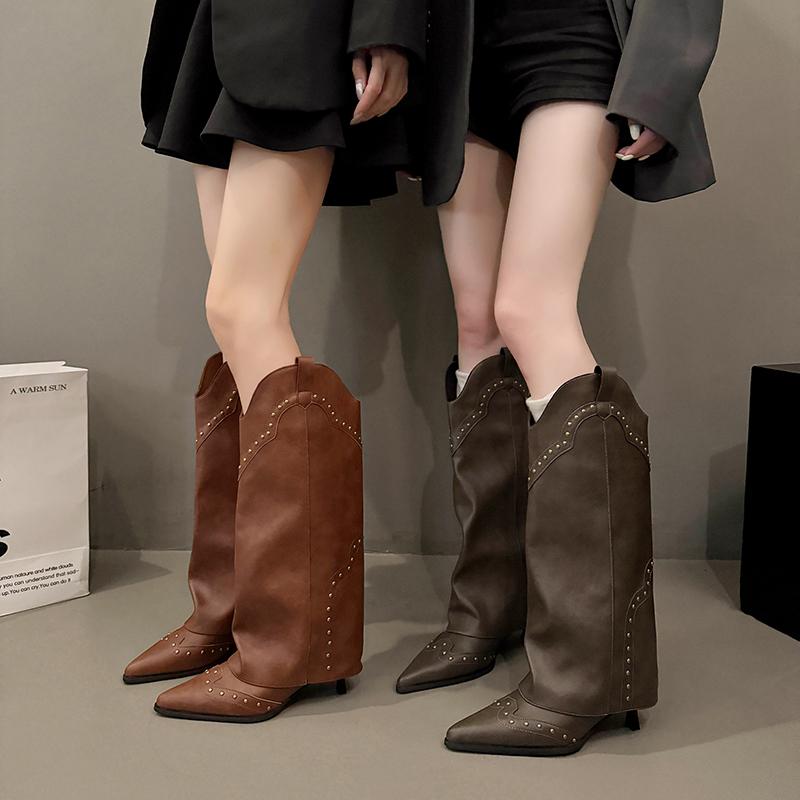 Woman Cowgirl Boots Slip on Ladies Elegant Square Heel Long Pipe Boots Shoes Retro Women's Winter Footwear