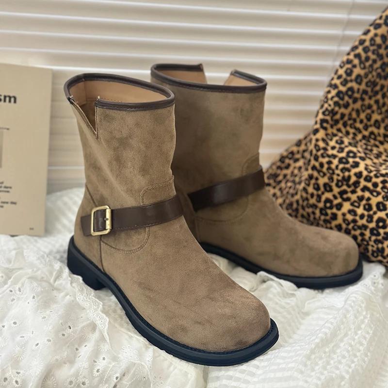 Autumn Winter Women Western Ankle Boots Fashion Pointed Toe Low Heel Shoes Belt Buckle Ladies Elegant Short Booties