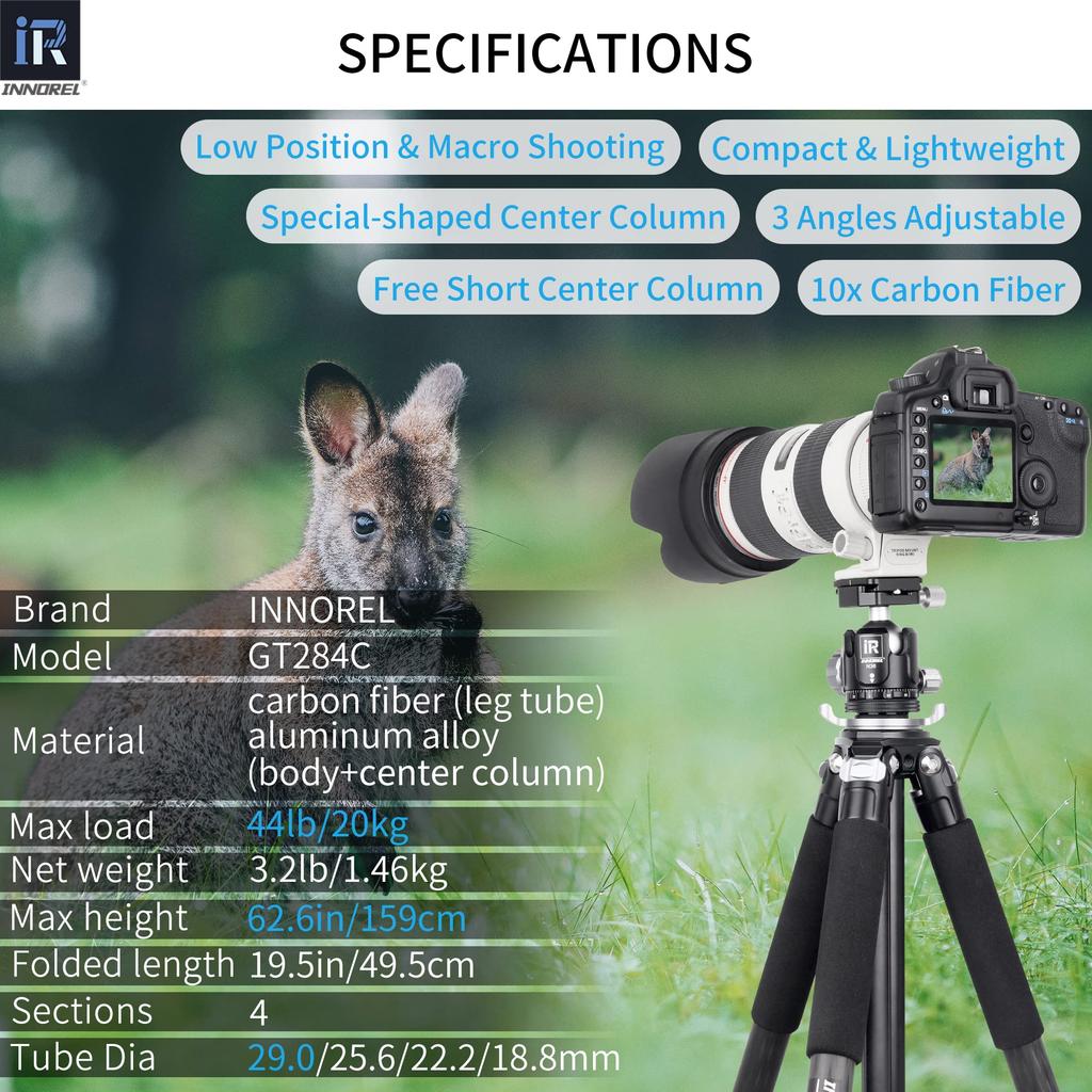 Tripod Camera INNOREL Carbon Tripod Compact SLR Tripod with Ball Head 20KG Maximum Load Capacity Telescopic Working Height Pipe Diameter Panoramic