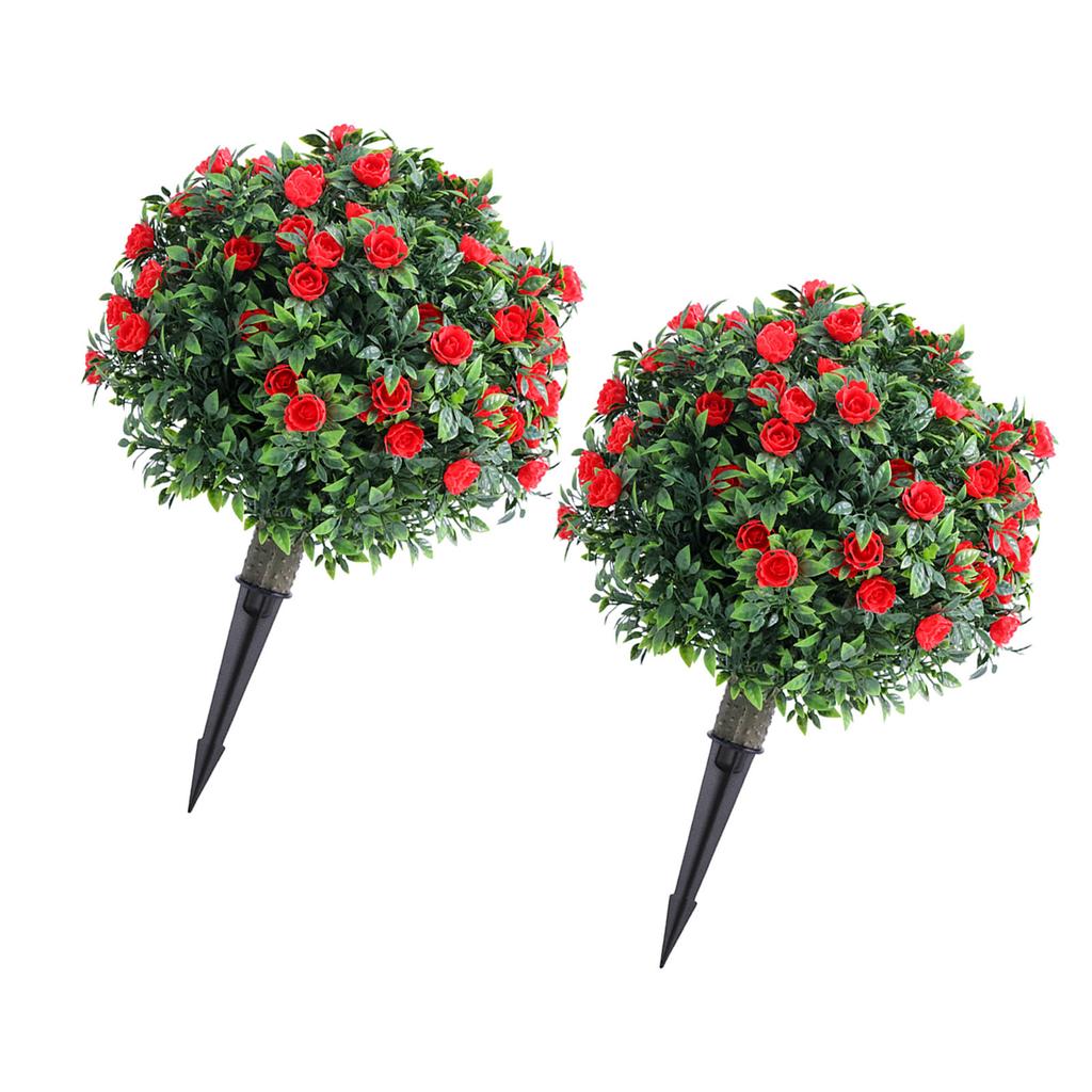 Artificial Rose Topiary Ball Tree 17.7 Inch PE Fake Plant Faux Greenery Shrub Bush with Ground Spike for Garden Porch