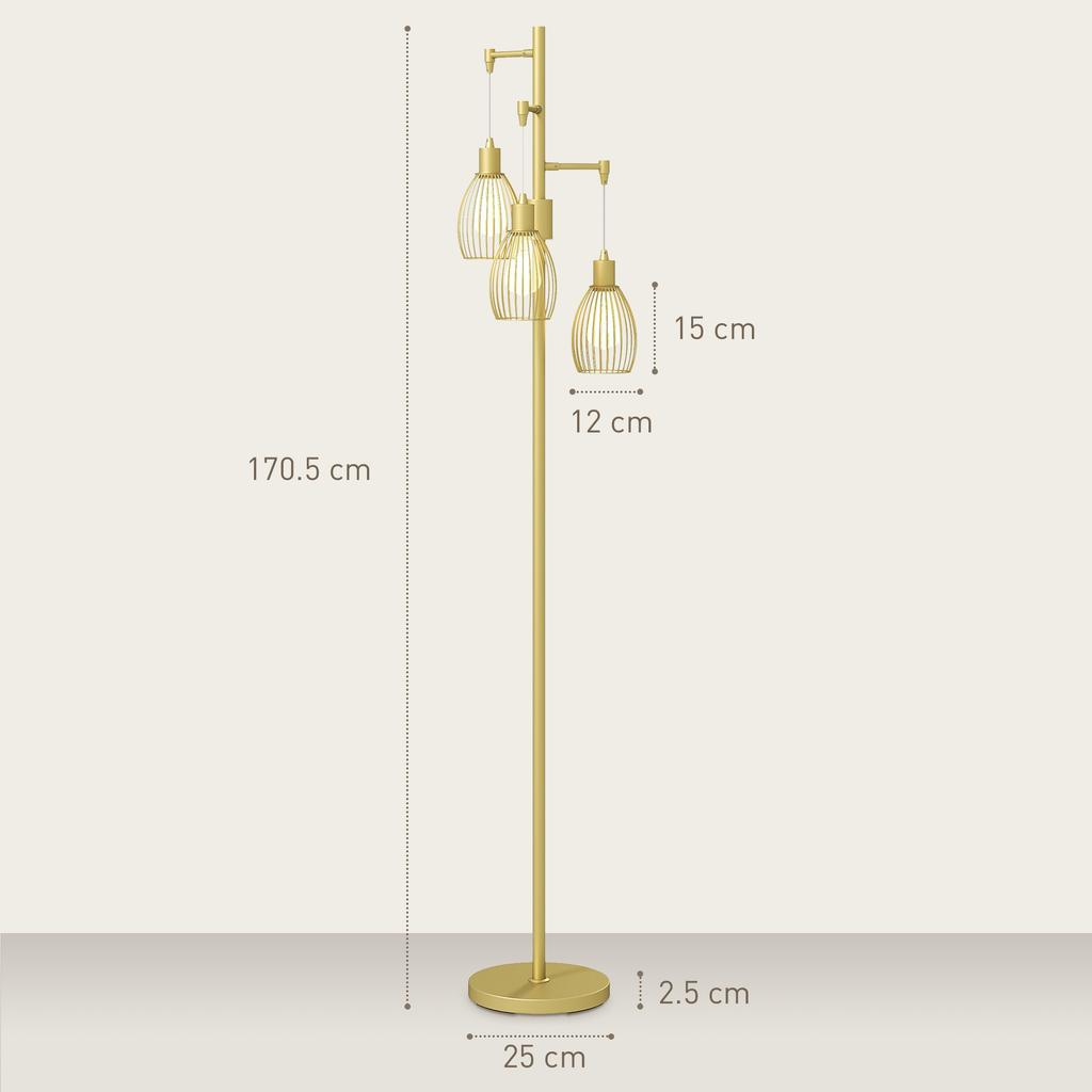 3-Light Floor Lamp, 170cm Industrial Dimmable Standing Lamp with Steel Wire Cage Lampshades for Living Room, Bedroom, Dining Room, Study