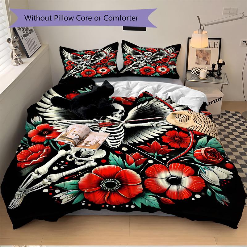 3pcs Skull with Wings Quilt Cover Set (1 Quilt Cover + 2 Pillowcases Without Pillow Core), High-Definition Printing for Home and Dormitory.J082