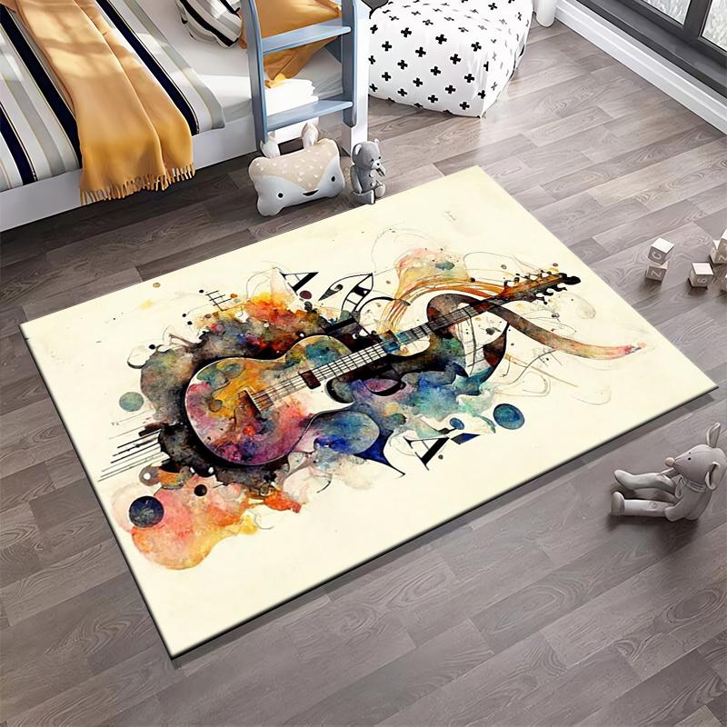Colorful Artistic Guitar Watercolor Pattern Abstract Music Carpet Design Suitable for Use As an Anti-slip for Living Room Bedroom Sofas