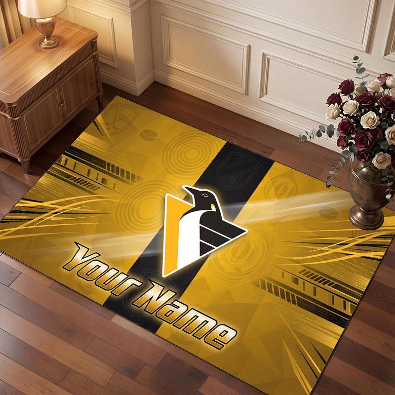 Pittsburgh Penguins Personalized Crystal Velvet Carpet, Customized Name Text Soft Anti‑Slip Rug for Living Room Bedroom