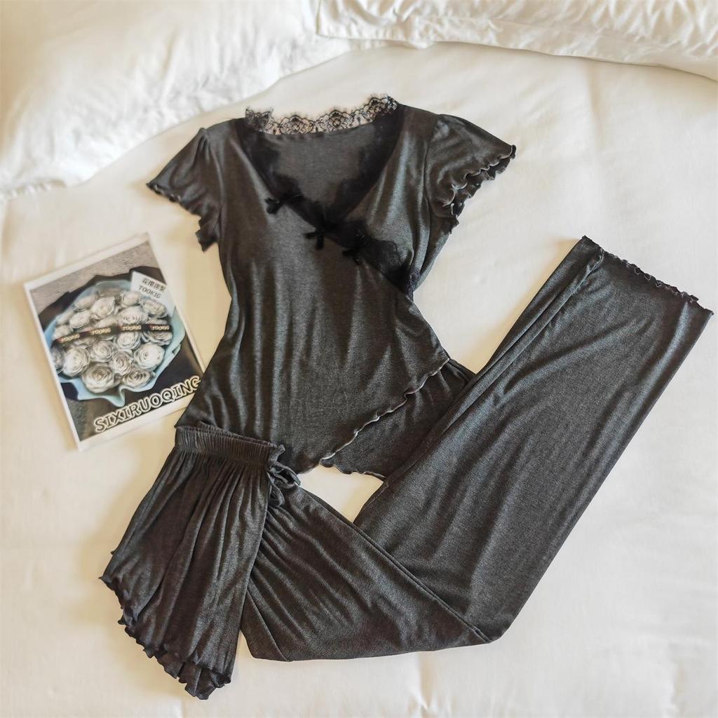 Women's Modal Pajama Set: Short-Sleeved with Built-in Bra, Includes Shorts and Long Pants for Spring/Summer