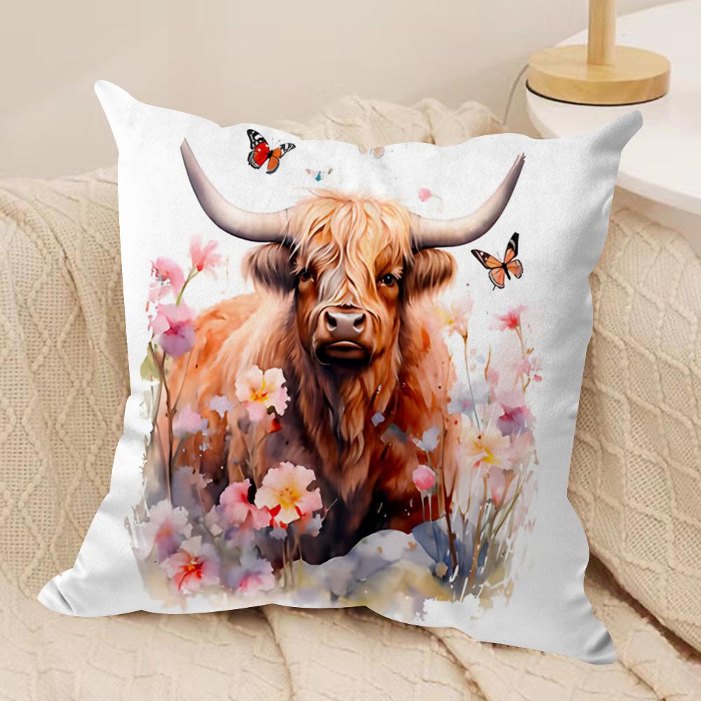 Capa de Almofada Vaca das Terras Altas e Flor Tecido de Pelúcia Macio Capas de Almofada Impressas em Ambos os Lados para Todas as Estações Decoração de Casa