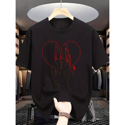 Casual Printed Summer Sports Fashion - Broken Heart & Hand Graphic Print T-Shirt, Minimalist Men, Trendy , Suitable for Gym, Comfortable