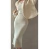 V-neck long-sleeved knitted dress for women's autumn and winter long slim-fitting and thin V-neck bottoming hip-wrapped sweater long skirt with coat
