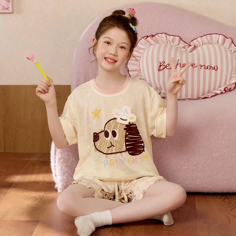 Girls Short Sleeve Pajama Set Cartoon Print Cotton Lyocell Sleepwear Ages 8 Lightweight Home Outfit
