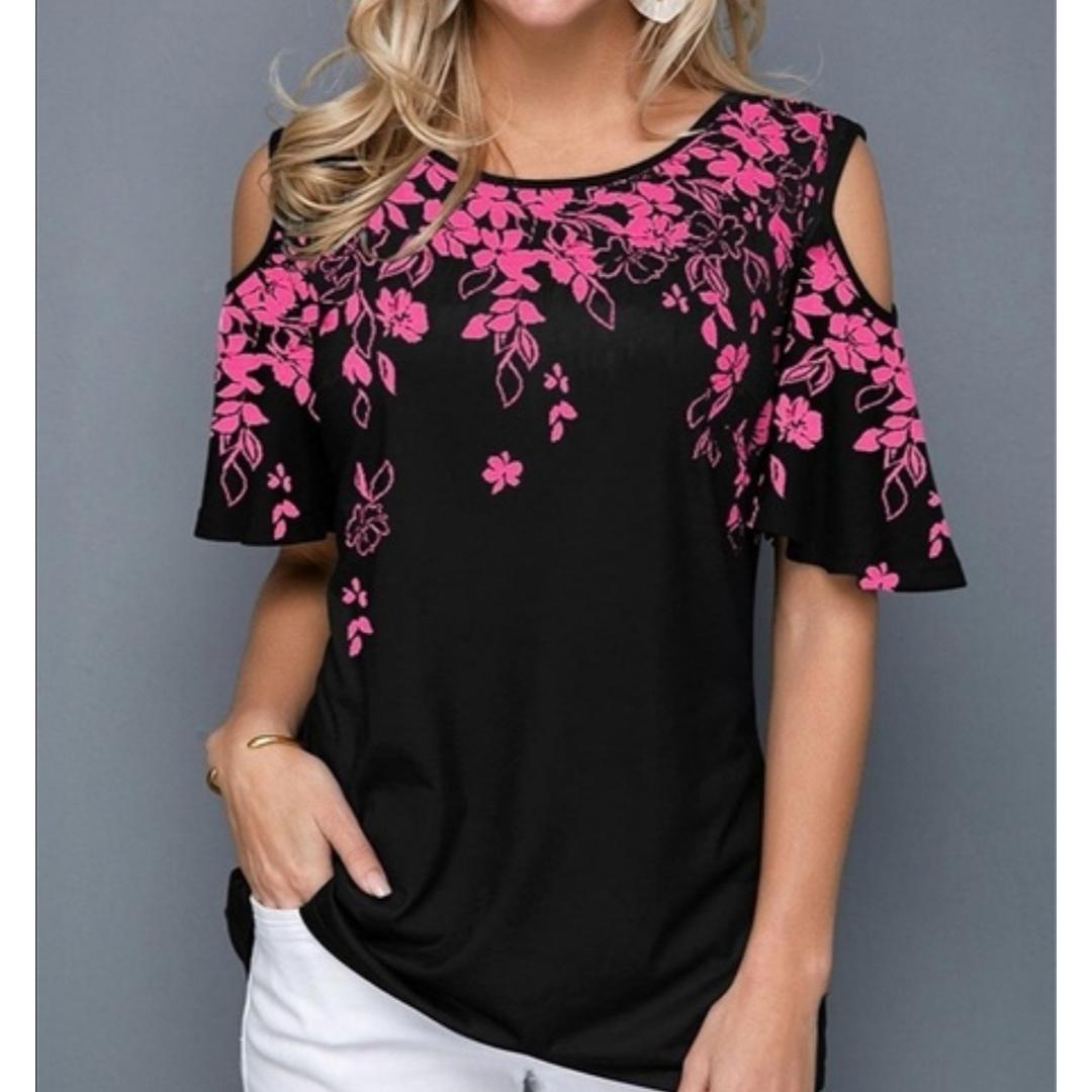 

Женская сексуальная футболка с коротким рукавом с круглым вырезом и цветочным принтом, свободная футболка с открытыми плечами 3XL розовый