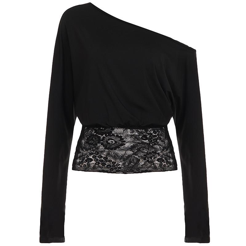 European & American One-Shoulder Lace Patchwork See-Through Cropped T-Shirt